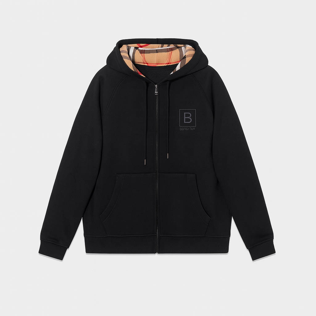 Burberry “Vintage Check Hood” Zip Hoodie – Black | PXRE